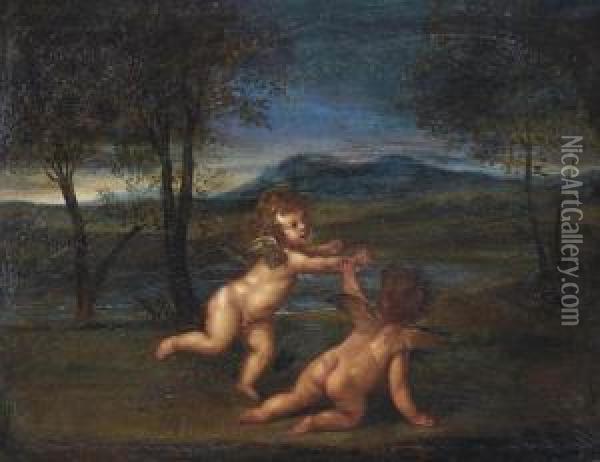 Putti Disporting In A Landscape Oil Painting - Domenico Zampieri (Domenichino)