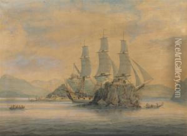 An East Indiaman Passing The Forts At The Boca Tigris, China Oil Painting - Samuel Atkins