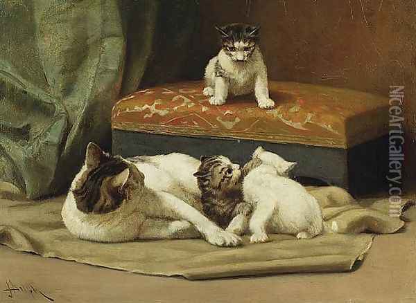 A Cat with her Kittens Oil Painting - John Henry Dolph