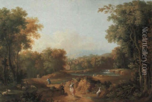 Wooded Landscapes With Shepherds, Travellers And Washerwomen Oil Painting - Giovanni Battista Busiri
