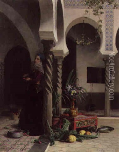 Femme En Bleu Dans Un Interieur A Alger Oil Painting - David Emile Joseph de Noter