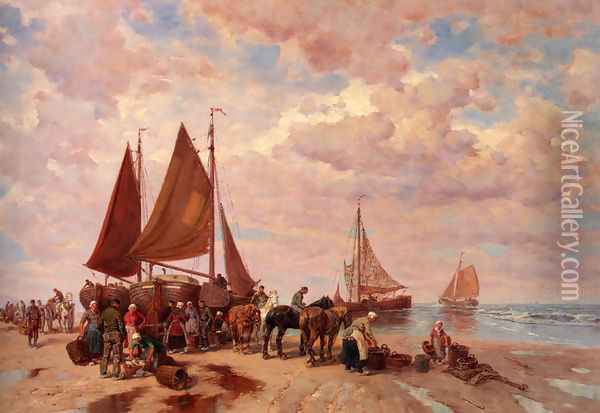 A Coastal Scene Wih Fisherfolk Sorting The Day's Catch, Beached Oil Painting - Desire Thomassin