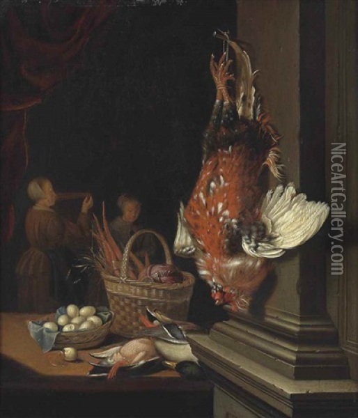 A Kitchen Interior With Poultry Oil Painting - Pieter Cornelisz van Slingeland
