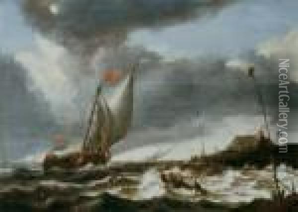 Segelschiffe Auf Bewegter See In Kustennahe Oil Painting - Bonaventura, the Elder Peeters