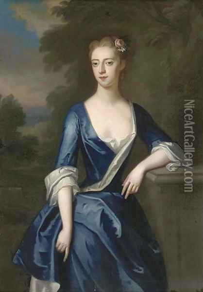 Portrait of a lady, three-quarter-length, traditionally identified as Elizabeth Patheriche, in a blue dress with a landscape beyond Oil Painting - Charles Jervas