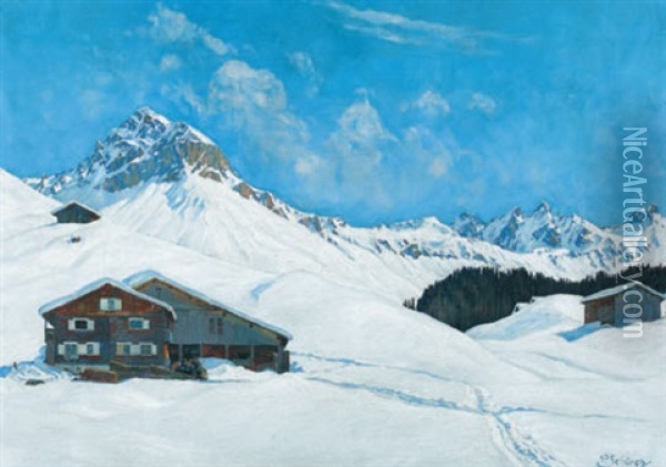 Bundner Winterlandschaft Mit Gampiflue Oil Painting - Paul Schuerch
