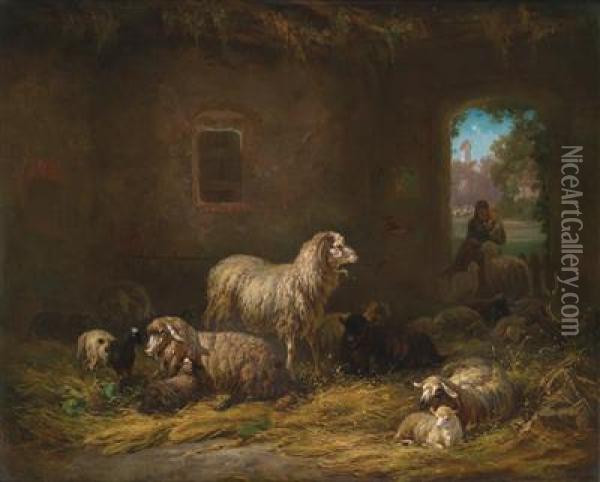 Sheepin A Stable Oil Painting - Louis, Ludwig Reinhardt