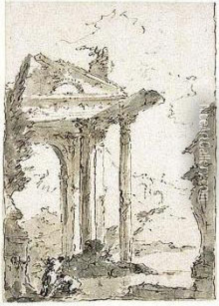 A Capriccio With Classical Ruins And Two Figures Oil Painting - Francesco Guardi