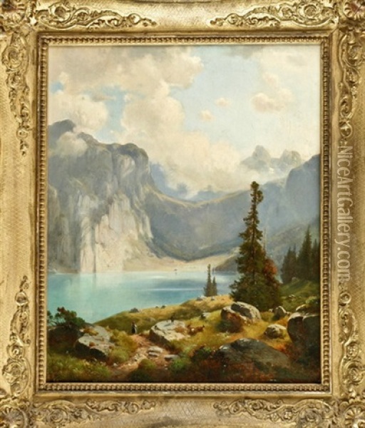 Bergsee Im Hochgebirge Mit Sennerin Und Ziegen Oil Painting - Anton Schiffer