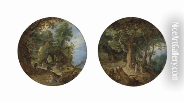 A Rocky Landscape With The Rest On The Flight Into Egypt; A Wooded Landscape With The Temptation Of Christ (2 Works) Oil Painting - Jan Brueghel the Elder