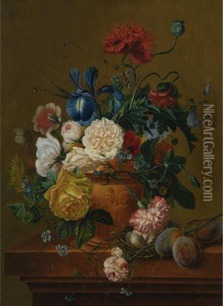 A Still Life Of Flowers, Fruit And Bird's Nest Oil Painting - Jan van Os