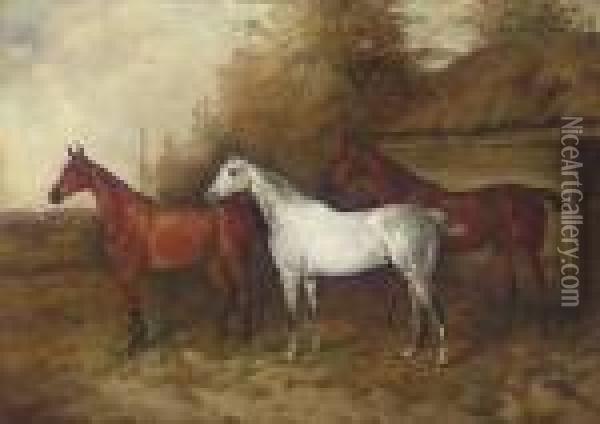 Three Hunters Outside A Stall Oil Painting - Of John Alfred Wheeler