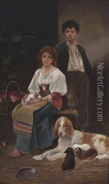 Children With A Dog And Puppies Oil Painting - Eugenio Zampighi