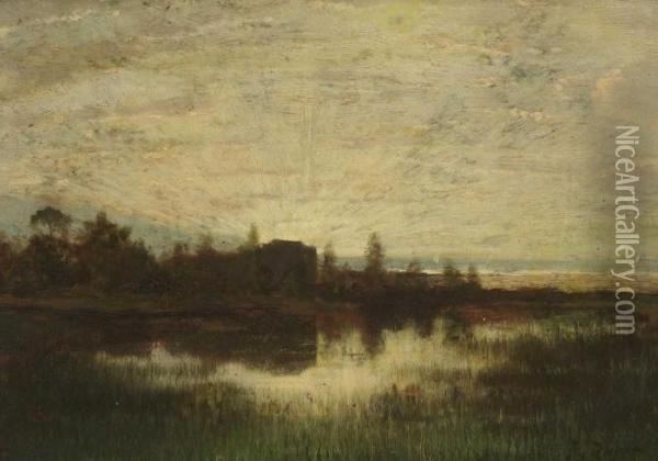 Uferlandschaft Bei Aufgehender Sonne. Oil Painting - Jules Dupre