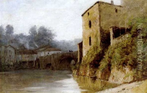 Steinbrucke Und Hauser Am Fluss Oil Painting - Gustave Eugene Castan