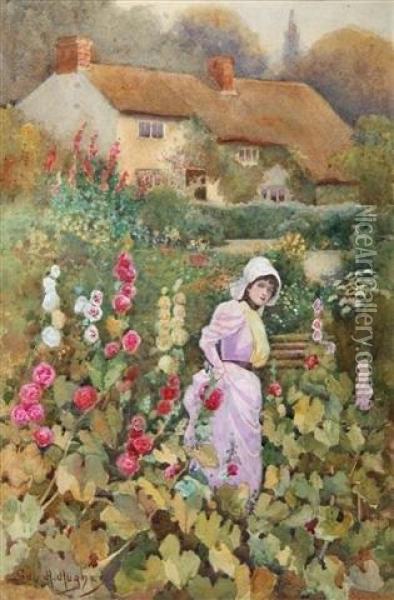 Lady In A Country Garden With Hollyhocks And Thatched Cottage Oil Painting - George Hart Hughes