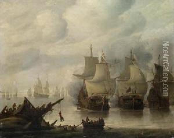 A Naval Battle Between English 
And Dutch Fleets In A Calm, Sailorsabandoning A Wreck In The Foreground Oil Painting - Hendrick Dubbels