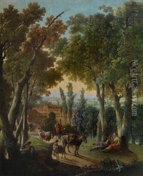 Eine Schaferszene In Einerweiten Landschaft Vor Einer Schlossanlage Oil Painting - Jean-Baptiste Huet I