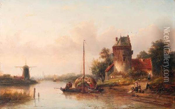 A River Landscape In Summer With A Moored Haybarge By A Fortifiedfarmhouse Oil Painting - Jan Jacob Coenraad Spohler