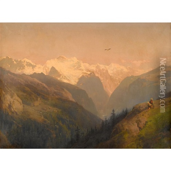 Alpine Landscape With Boy, Dog, And Eagle Oil Painting - Hermann Herzog