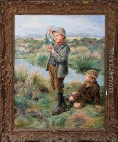Tiddlers: Two Boys Fishing Oil Painting - Ralph Hedley