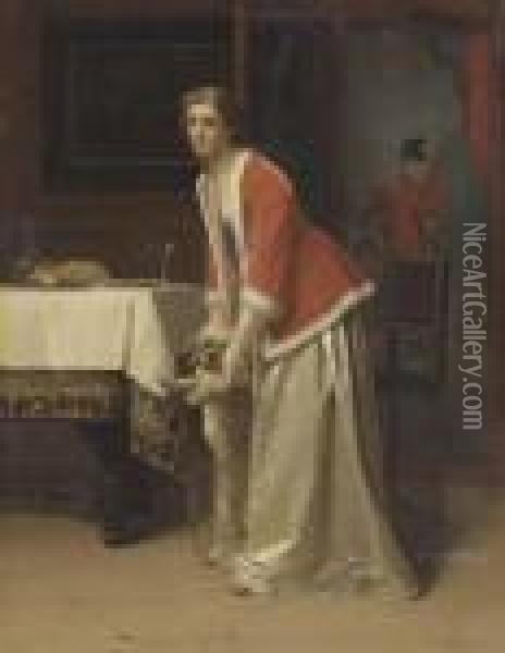 An Elegant Lady With Her Dog In An Interior Oil Painting - Florent Willems