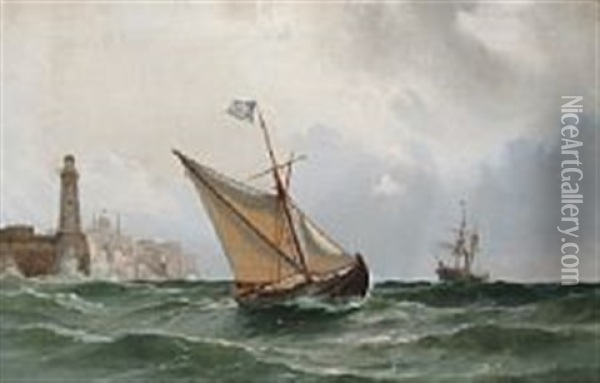 Naval Scenery With Greek Sailing Ship Outside A Port Oil Painting - Carl Johann Neumann