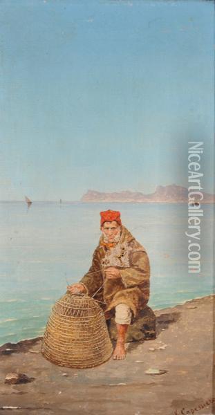 Pescatore Che Ripara Una Nassa Oil Painting - Vittorio Capessiero