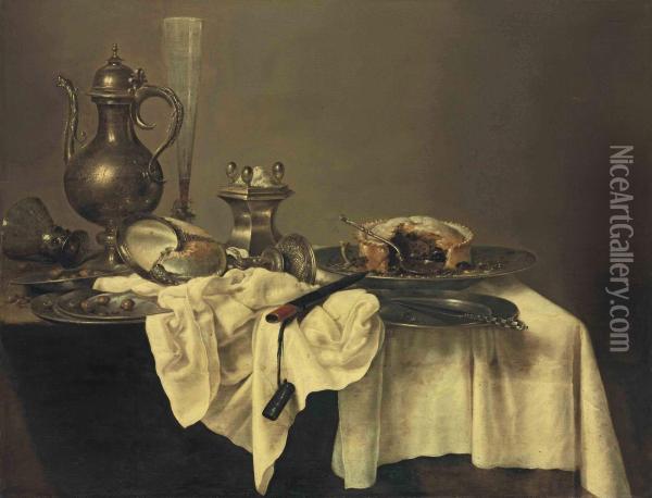 A Blackberry Pie, An Upturned Nautilus Cup, A Salt-cellar, A Facon-de-venise Flute Of Wine, A Silver Ewer, An Upturned Roemer,hazelnuts, A Silver Knife And A Knife-case Oil Painting - Willem Claesz. Heda
