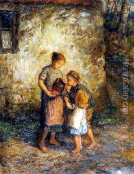 Children With A Water Jug Oil Painting - Hugh Cameron