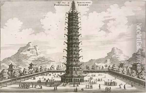 The Porcelain Tower from an account of a Dutch Embassy to China 1665 Oil Painting - Jacob van Meurs