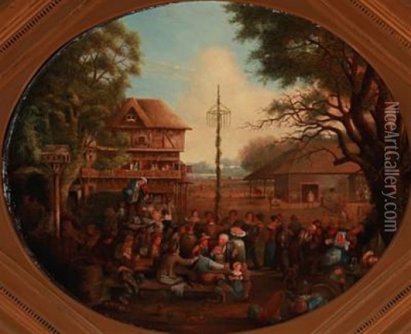 Spring Day In The Village. The Villagers Are Enjoying Themselves Around The Maypole Oil Painting - Jacques-Albert Senave