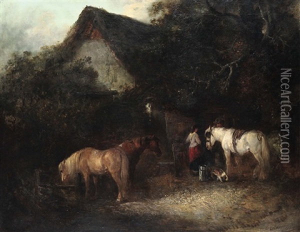 Resting Horses Near The Farm Oil Painting - Thomas Smythe