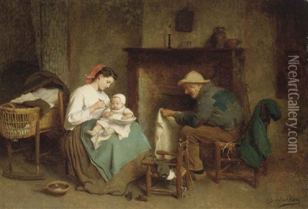 Feeding The Baby Oil Painting - Charles Moreau