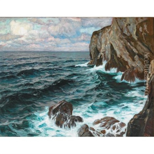 Waves Breaking On The Cliffs Oil Painting - Carl (Karl, Charles) O'Lynch of Town