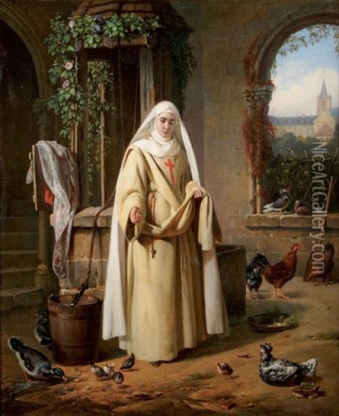 Soeur Trinitaire Dans La Cour De Son Couvent Oil Painting - Pierre Duval-Lecamus