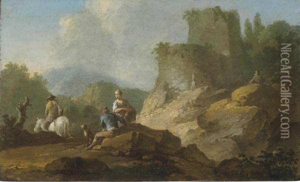 Landscape With Travellers And Ruins Oil Painting - Franz Ferg