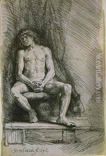 Study from the Nude Man Seated before a Curtain Oil Painting - Rembrandt Van Rijn