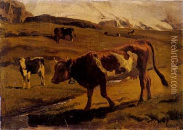 Kuhe Auf Der Alp Oil Painting - Johann Rudolf Koller