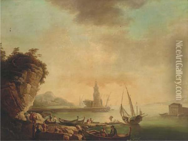 A Mediterranean Harbour At Sunset With Stevedores On The Quay Oil Painting - Claude-joseph Vernet