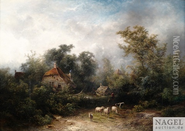 Bewaldete Landschaft Mit Bauernhausern Und Kleiner Schafherde Auf Einem Fahrweg Oil Painting - Pieter Lodewijk Francisco Kluyver