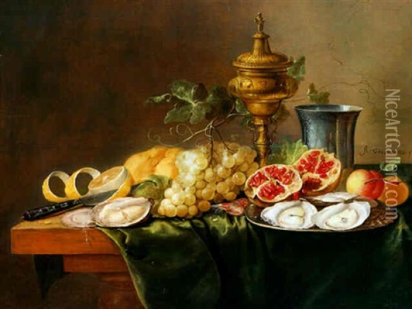 A Pronk Still Life With A Gilt Cup And Cover, With Fruits, Oysters On A Pewter Plate Oil Painting - Alexander Coosemans