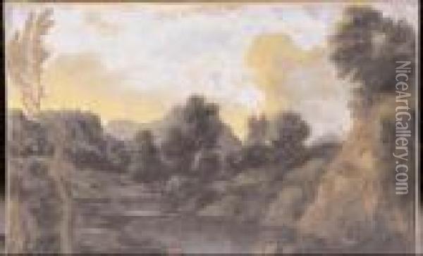 Paesaggio Di Campagna Romana Con Pastori E Animali Oil Painting - Gaspard Dughet Poussin