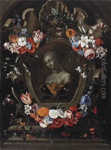A Garland Of Flowers Surrounding A Stone Cartouche Enclosing A Bust Of The Virgin Oil Painting - Peter Van Kessel