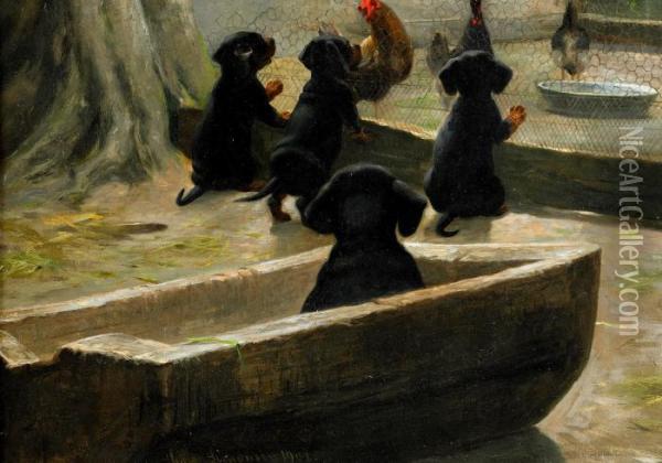 Hundvalpar I Honsgarden Oil Painting - Simon Simonson