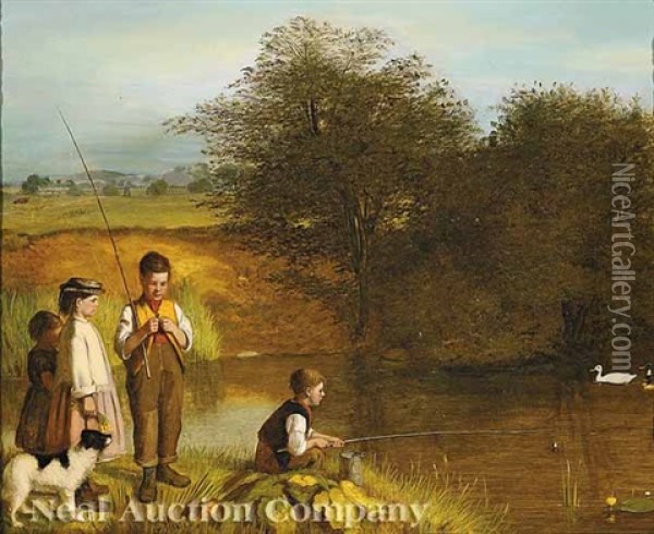 Children Fishing Oil Painting - Charles Hunt