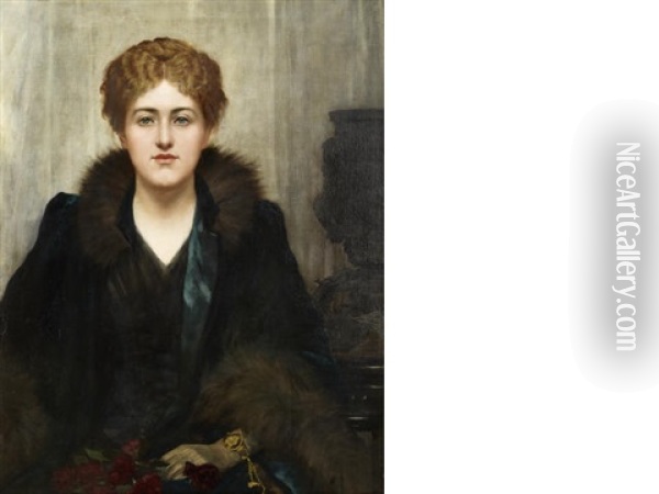 Portrait Of Julia Margaret (nee Wilson), Seated Half-length, In A Black Dress With Fur-trim Oil Painting - Herbert Gustave Schmalz