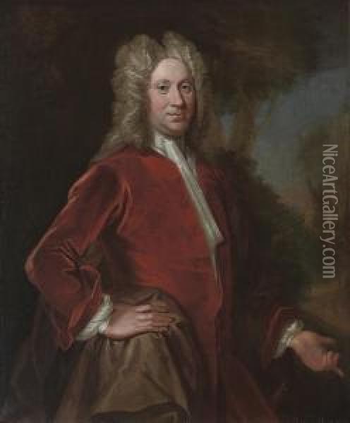 Portrait Of Charles, 9th Lord 
Elphinstone (1676-1738), Three-quarter-length, In A Red Velvet Coat, In A
 Landscape Oil Painting - William Aikman