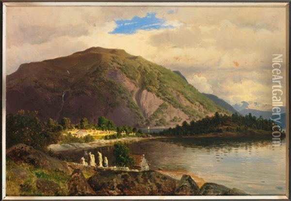 Sommerliche Landschaft Mit Bewaldetem Berg, Seeufer Und Zwei Hutten Oil Painting - Georg Eduard Otto Saal