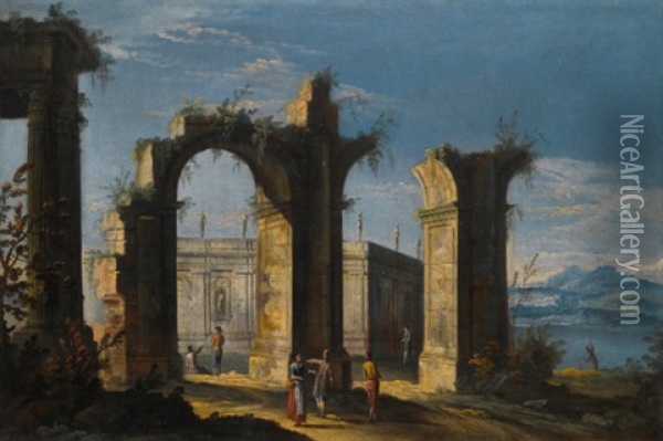 A Capriccio Of Classical Ruins With Figures Conversing On A Path In The Foreground Oil Painting -  Master of the Langmatt Foundation Views